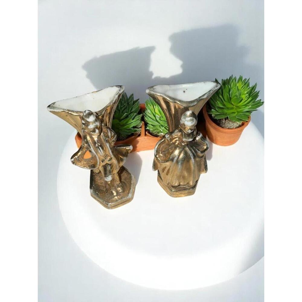 2 Miniature Porcelain Bud Vases Gold Color with a French Couple 2.5" Japan - Picture 5 of 8
